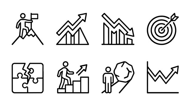 Goal achievement and business performance line icons collection with targets, growth charts, setbacks, career progress and success strategy