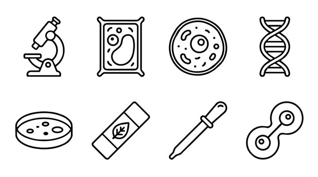 Cell biology and laboratory research line icons collection with microscope, DNA, cell culture, petri dish, pipette and molecular science
