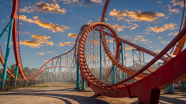 Roller coaster track with dramatic loops and steep curves at an amusement park under a colorful sunset sky.