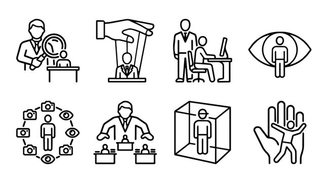 Employee monitoring and workplace control line icons collection with surveillance, supervision, micromanagement, observation and staff protection concepts