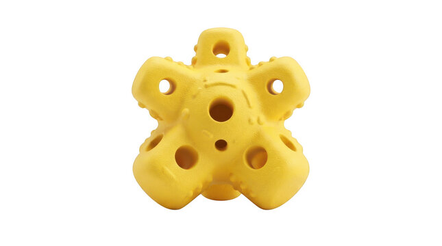 Yellow rubber dog chew toy with multiple prongs and holes, isolated on transparent background