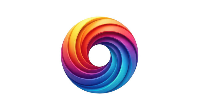 Colorful abstract swirl ring logo, modern 3d geometric shape, vibrant rainbow color gradient spiral design isolated on transparent background
