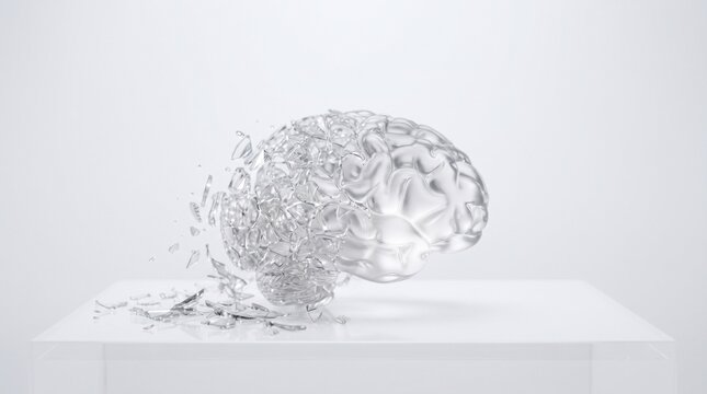 Transparent glass brain shattering and reforming on a clean white pedestal representing mental health recovery psychotherapy brain injury cognitive therapy and psychological concepts in modern 3D