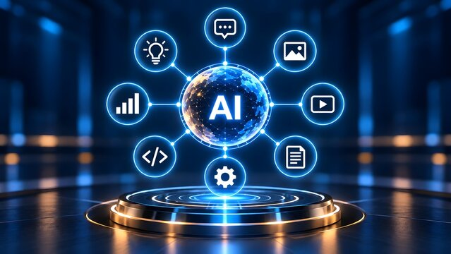 Futuristic artificial intelligence network hologram displaying centralized ai core connecting to multimedia business functions and digital workflow processes