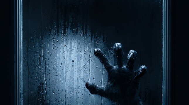 Creepy monster hand with sharp claws pressing against a foggy glass door with water droplets, evoking a sense of dread and horror