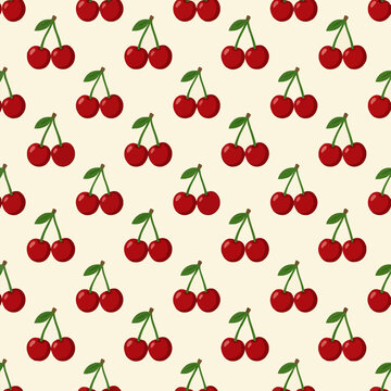 Red cherries seamless pattern on cream, seamless repeating pattern