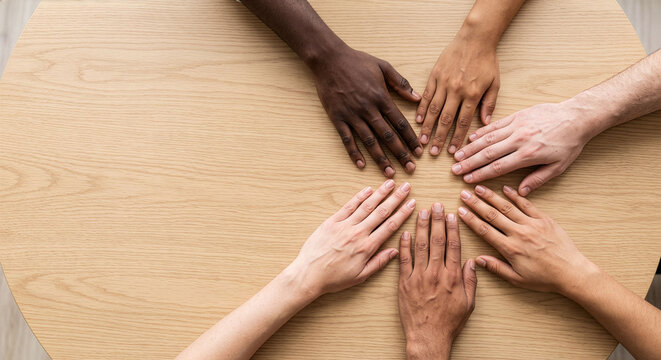 Top-down view of diverse team joining hands over a round wooden table, copy space