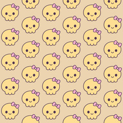 Obraz premium Seamless pattern with cute cartoon skulls wearing pink bows on beige