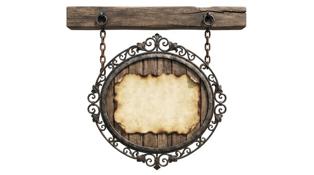 Vintage medieval tavern wooden sign with ornate wrought iron frame and blank parchment isolated on transparent background