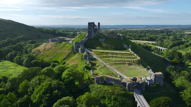 Ruins of Corfe Castle from a drone, Corfe Village, Purbeck Hills, Dorset, England, United Kingdom