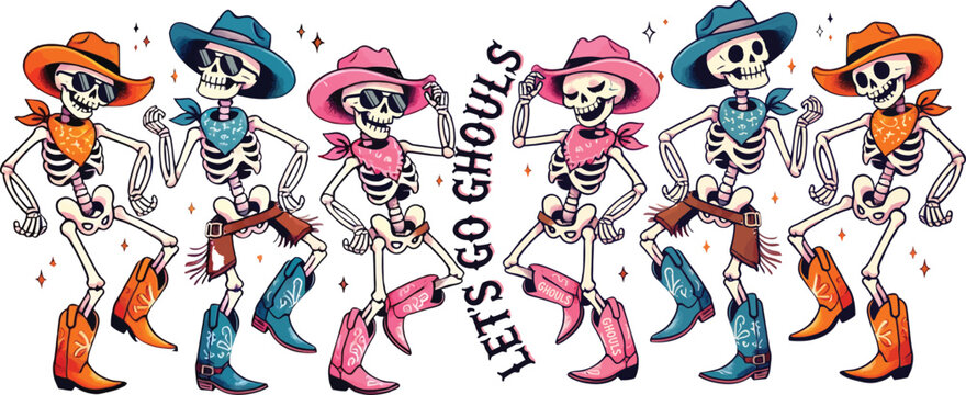 Retro Skeleton Cowboy Vector Art, Let's Go Ghouls Dancing Skeletons in Cowboy Hats and Boots, Funny Vintage Halloween Country Western Graphic Design