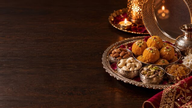 Premium 16:9 Karwa Chauth copy space traditional laddoo and dry fruits on silver platter on right on dark wood with candlelight empty left