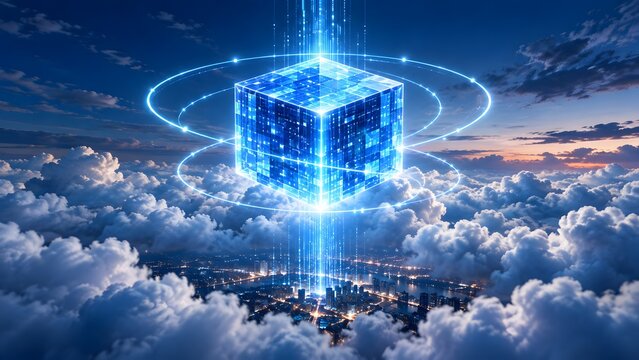 Massive glowing digital data cube hovering over a futuristic smart city surrounded by dramatic clouds symbolizing cloud computing infrastructure and global network connectivity