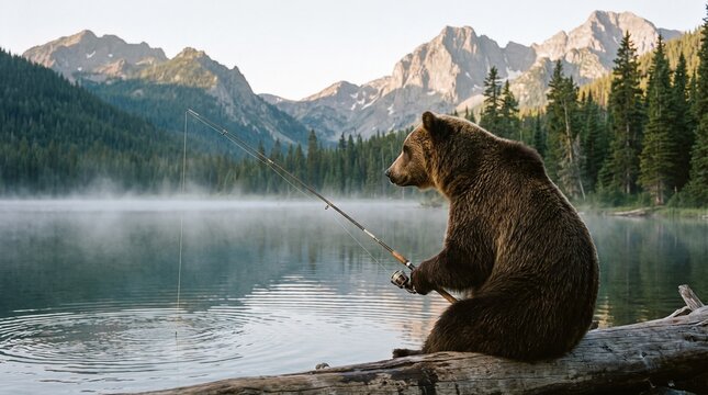 Grizzly bear fishing on a misty lake with mountains and pine forest in the background