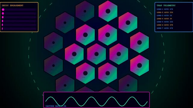 a shimmering silicon security interface displays shifting holographic hexagonal nodes and dynamic data wave patterns in a dark digital space during a complex systems monitoring session