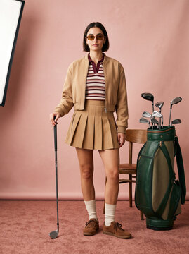 Fashion model in beige bomber jacket and pleated mini skirt holding golf club beside green bag
