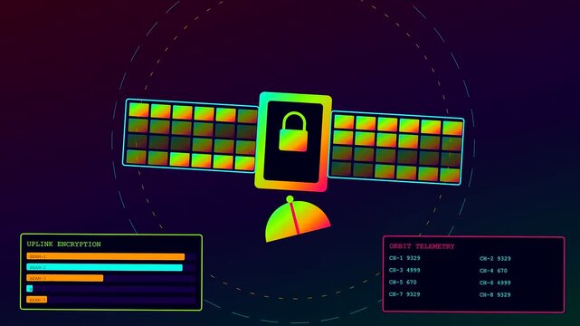 A silicon security system displays vibrant satellite orbital telemetry data streams within a colorful graphic interface depicting space communication technology in a looping digital animation cycle