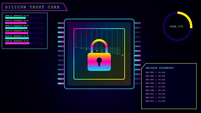Digital displays showcasing silicon security metrics and padlock symbols with shifting graphical telemetry data visualized across three distinct colorful panels in a dark computing environment