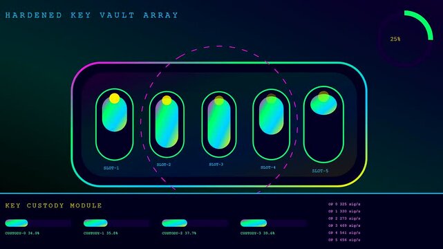 A digital Silicon Security interface display features animated data bars and circular progress loading rings that shift in color across three distinct modular dashboard view frames