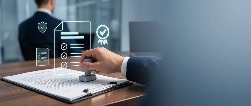Close up of businessman hand stamping paper document with digital quality assurance and certification icons, concept of legal agreement, official authentication, and corporate compliance approval.