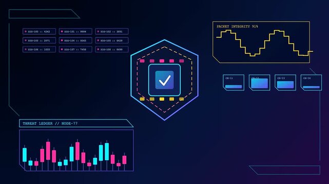 Digital silicon security metrics displayed on a dark virtual interface with moving bar graphs and glowing hexagonal status icons showing verified system packet integrity performance