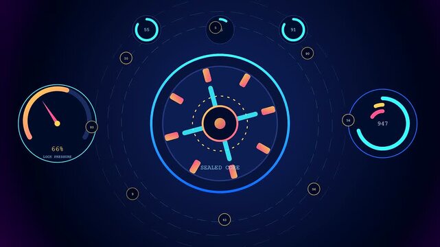 A sophisticated Silicon Security interface displays glowing circular gauges with numerical readouts and pulsing light arrays that shift dynamically during the simulated system monitoring process flow