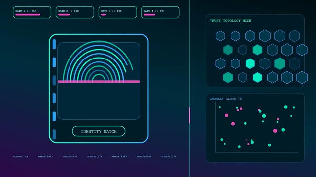 a vibrant silicon security interface displays glowing biometric patterns and pulsing data nodes in this cinematic visualization of modern digital authentication software systems within cyberspace