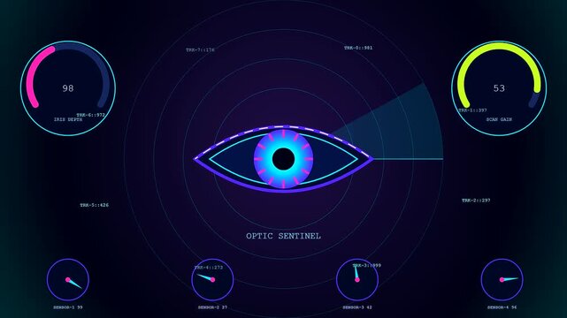 Silicon security interface displays rotating eye graphics and radar scanner metrics in a dark digital environment with glowing magenta and cyan light patterns for monitoring