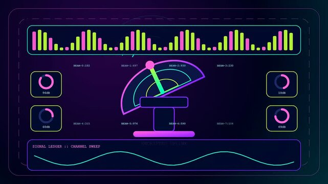 Silicon security interface displays rotating radar pulses with rhythmic sound waves and pulsing neon circles in a digital monitoring environment for modern data analysis software tasks