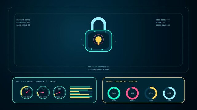 Digital displays showing silicon security interfaces with padlock icons and circular graphs for monitoring network connections across multiple panels of a complex cyber monitoring system
