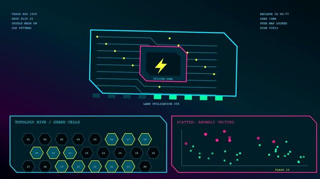 a silicon security interface displayed across three separate digital screens showing shifting processor metrics and pulsing neon data points within a dark vibrant virtual computational environment