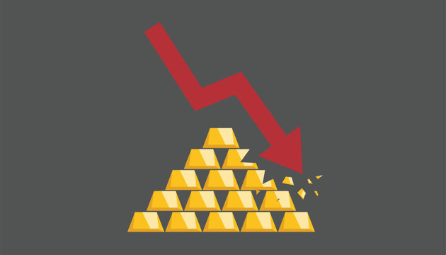 Red downward trending graph arrow crashing into a golden bullion pyramid representing a severe market crash.