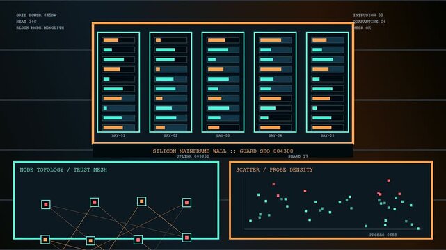 the silicon security mainframe grid displays dynamic server rack data updates with changing graph node topology and probe density monitoring statistics shown in multiple sequential digital frames