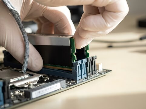 Hands in protective gloves installing RAM memory module into motherboard slot during computer assembly