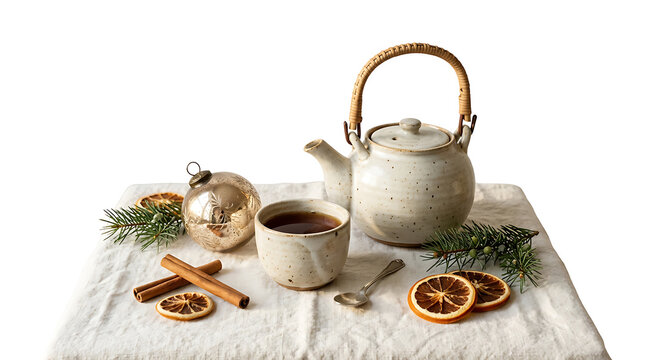Rustic tea set with dried oranges and cinnamon on linen cloth
