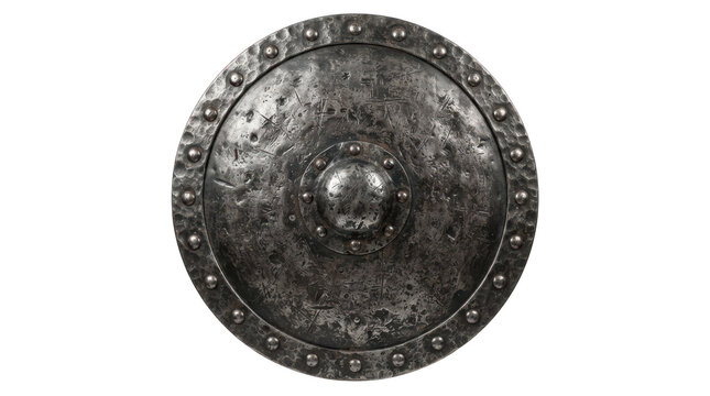 Old medieval round iron shield with rivets and battle scratches, antique metallic warrior buckler armor for knight or viking, isolated on transparent background