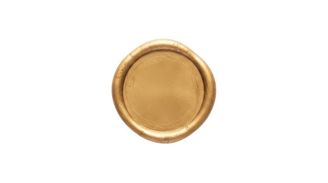 Gold wax seal stamp, blank vintage letter signet, realistic golden wax seal symbol, luxury royal crest template isolated on transparent background