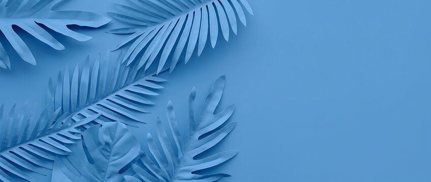 Minimalist Flat Lay of Tropical Palm and Monstera Leaves Painted in Monochrome Pastel Blue Color on Matching Background with Copy Space, Elegant Aesthetic Floral Botanical Concept for Design.