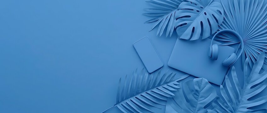 Minimalist monochromatic blue workspace flat lay with tropical monstera and palm leaves, featuring a generic smartphone, laptop, and wireless headphones on a clean background with copy space.