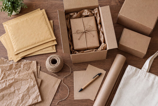 Kraft packaging supplies and twine wrapped gift on a wooden table