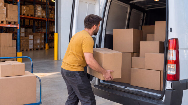 Worker loading cardboard cartons into a delivery van
