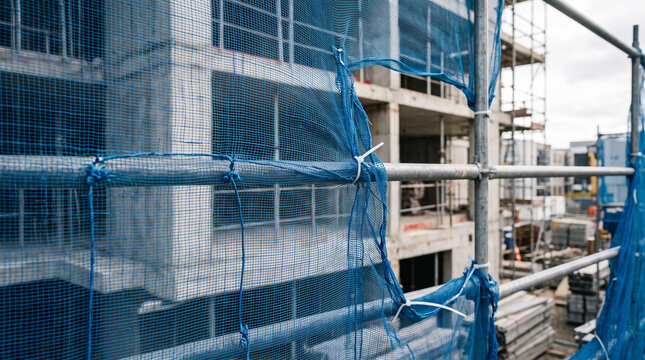 Building under construction behind blue safety netting and scaffolding. Active construction site and workplace safety. Commercial building development. Urban infrastructure project.