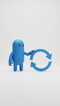 3D Blue Character Rotating Circular Sync Recycle Arrows