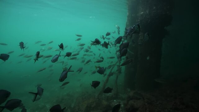 Schooling fish swimming beside a submerged vertical structure in turqu