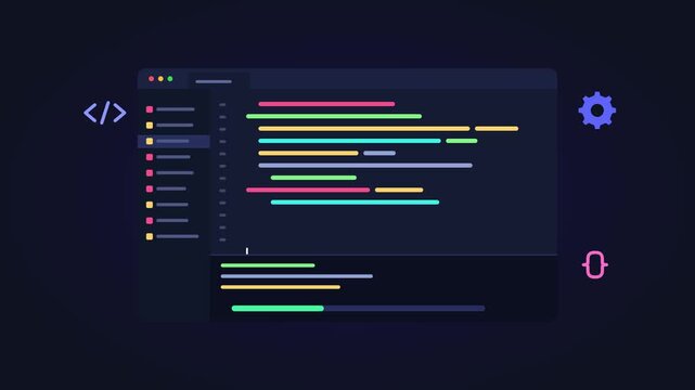 Programming code interface animation showing software development workflow process with colorful syntax highlighting video clip