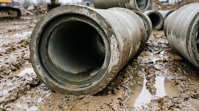 Concrete drainage pipes stacked at a muddy construction site. Precast culverts for stormwater infrastructure. Civil engineering and road construction. Drainage and utility infrastructure.
