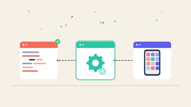 Software development process illustration showing coding, gear settings, and mobile application deployment in motion video footage