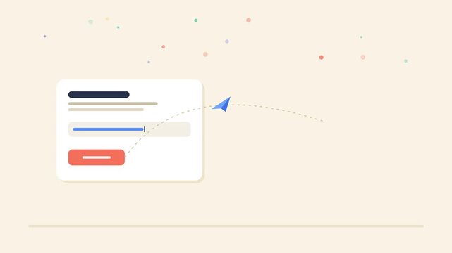 Digital form submission animation showing email sending process and team success metrics in flat motion graphics video footage
