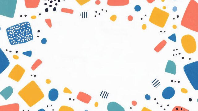 Abstract Colorful Shapes Border: A playful and vibrant border composed of various abstract geometric shapes, including squares, circles, and dots, in a cheerful palette of coral, teal, and yellow.