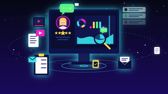 Digital computer screen displaying colorful analytics data charts and floating interface icons in smooth motion video footage